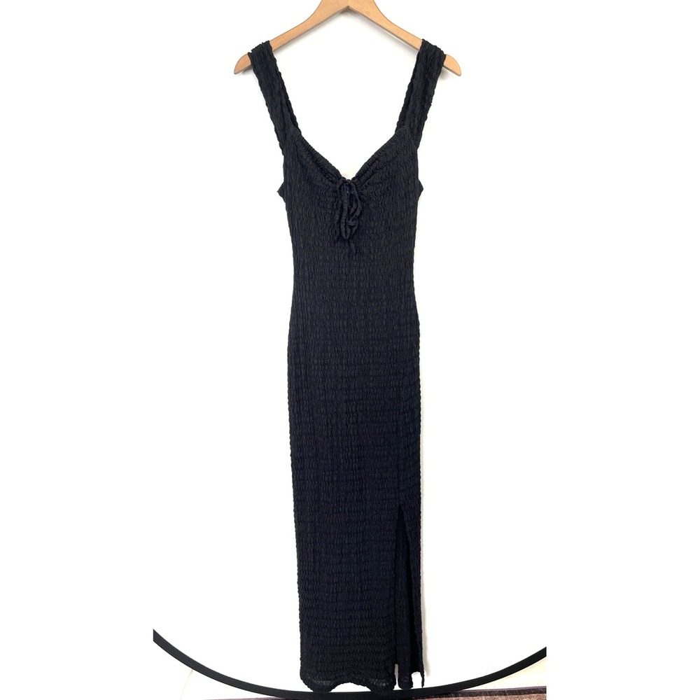 Free People Beach Eleni Bodycon Maxi Dress Size S Black Pucker Texture Side Slit - Picture 4 of 11
